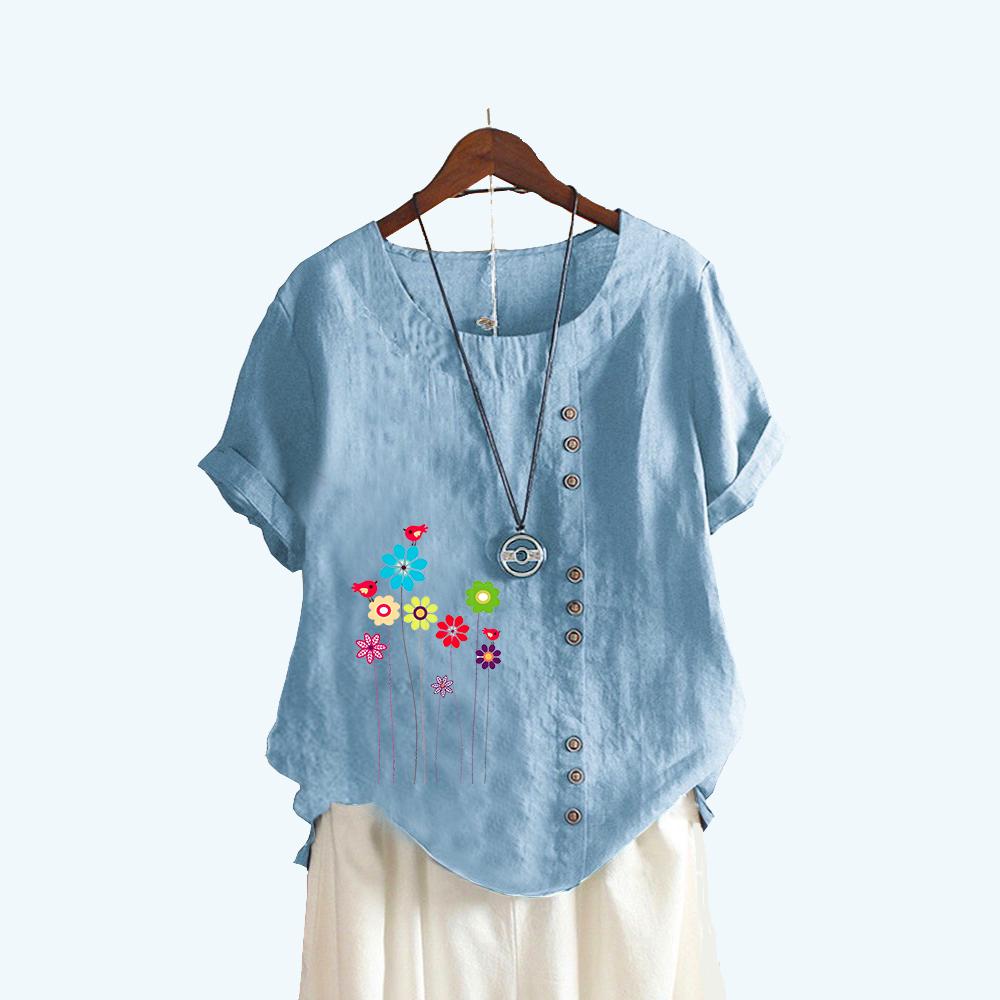 

Жіноча модна футболка з коротким рукавом із квітковим принтом, літня повсякденна футболка з круглим коміром, бавовняна білизна, верхній пуловер, вільні блузки 5XL світло-синій колір