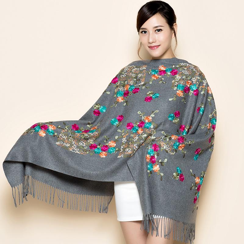 300g Faux Cashmere Embroidered Plum Blossom Scarf, Women's Ethnic Travel Wrap - Warm New Year Holiday Shawl