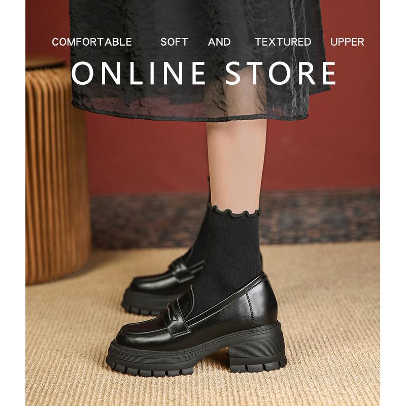 

9lm thick-soled women s autumn small retro single shoes inner height increase black British small leather shoes small size 38