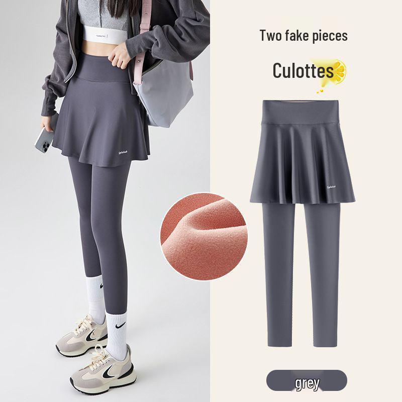 Women's Fleece-Lined Two-Piece Yoga Pants & Skirt - High-Waisted, Thickened for Slimming, Ideal for Autumn/Winter Fitness & Outerwear.