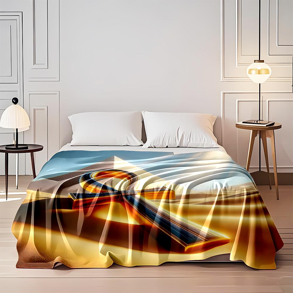 Golden Ankh and Pyramid in Desert Scene Flannel blanket for bedroom, living room, sofa, and nap sofas.