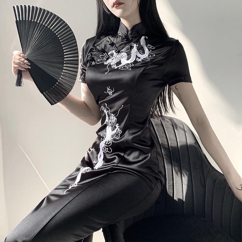2025 New Collection Vintage Dark Gothic Chinese Knot Buttons Short Sleeve Dress Chinese Style High Waist Split Dragon Print Slim Cheongsam