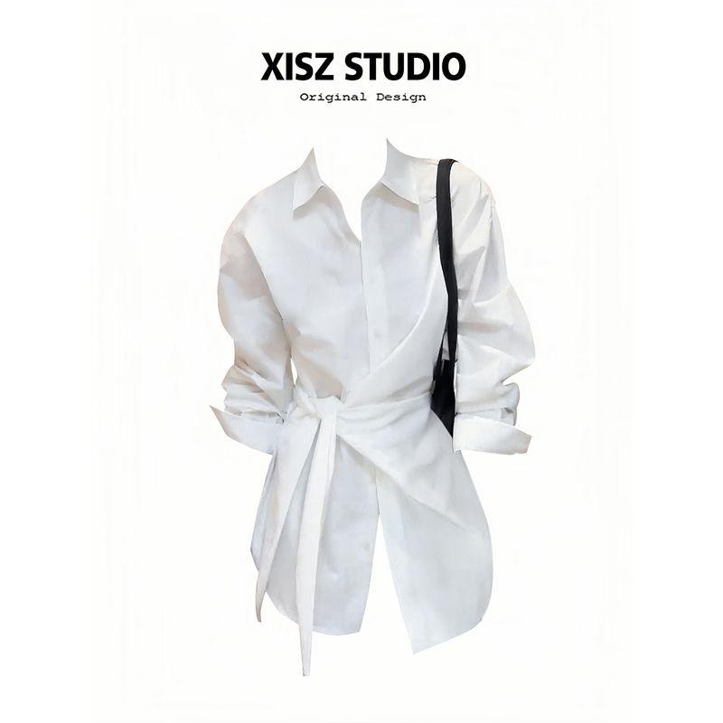 

Korean-Style Design Side-Tie Waist-Cinching Slimming Shirt for Women, Spring Season, Elegant and Versatile, Ins-Style Long-Sleeve Blouse White S