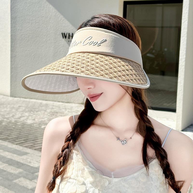 Summer alphabet straw hat women's UV protection empty top hat outdoor big brim basin hat beach travel sun hat