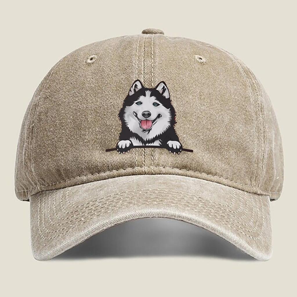 Happy Husky Portrait Fashion Washed Baseball Cap Hat Outdoor Activities