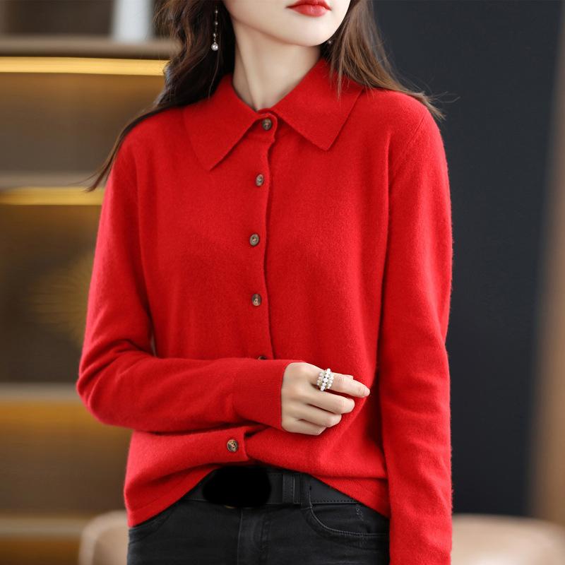 Women's POLO Collar Knitted Cardigan Basic Versatile Top Spun Wool Jacket Elegant Single Breasted Sweater