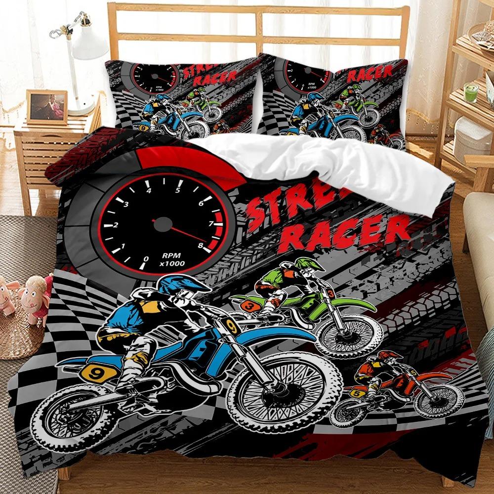 Dirt Bike Bedding Sets Motocross Racer Duvet Cover Set 2/3 Piece Boys Comforter Cover Set,Kids Extreme Sports Style Bedding Set