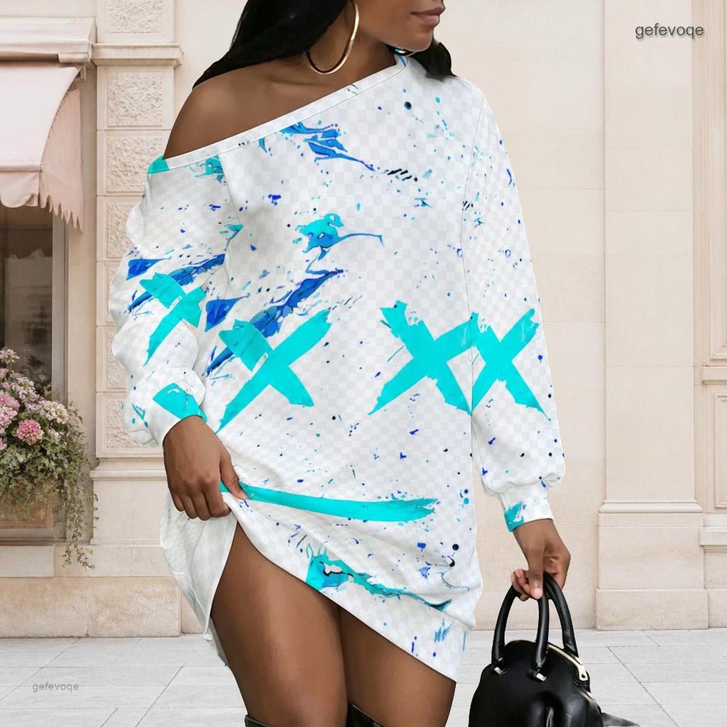 Women Plus Size Off Shoulder Long Sleeve Abstract Print Blue Pink White Tunic Dress