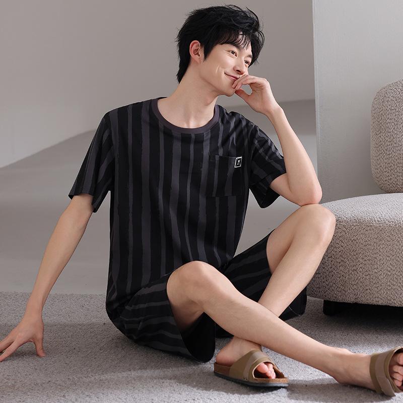 Pajamas Men's Summer Cotton Black Short Sleeve Shorts Men's Teen Summer Simple Casual Homewear Set