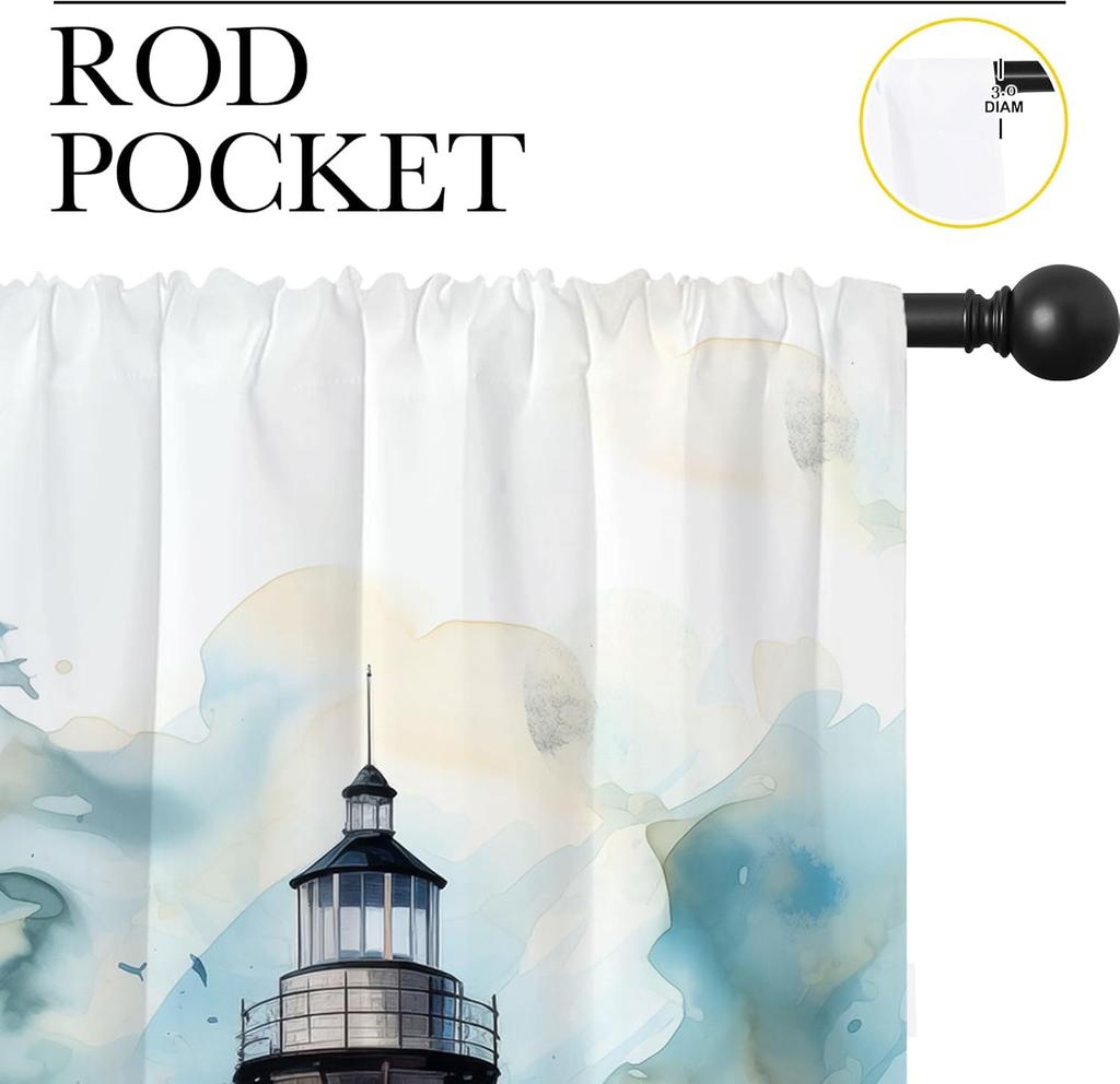 Nautical Lighthouse Rod Pocket Blackout Curta For Boy Girl Bedroom, Waves Seagull Blue Watercolor Art Thermal Insulated Home