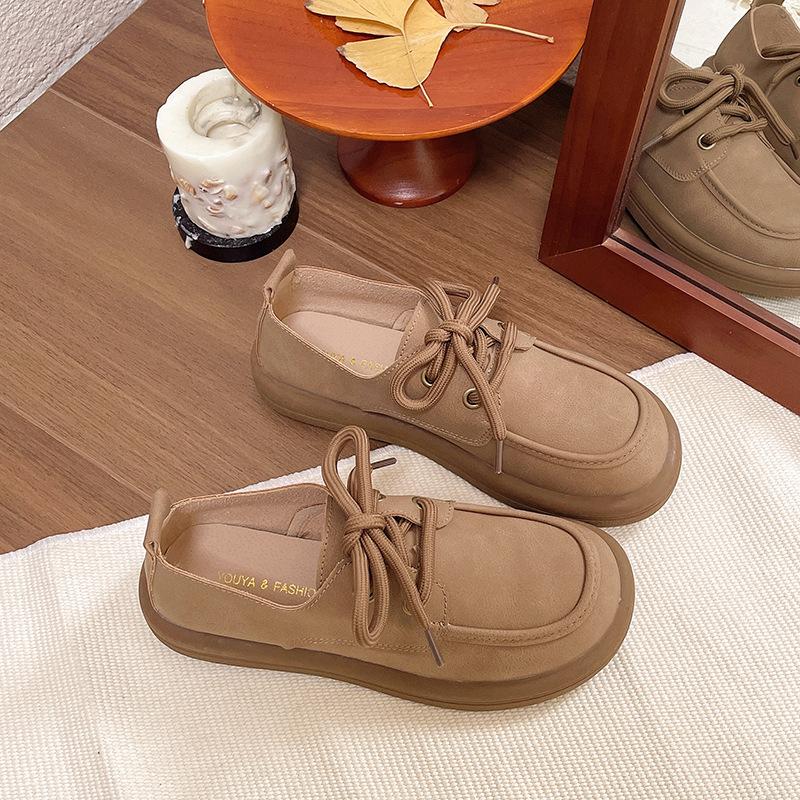 Lace-up small leather shoes women's spring new British style casual soft-soled loafers versatile Doudou single shoes women's shoes