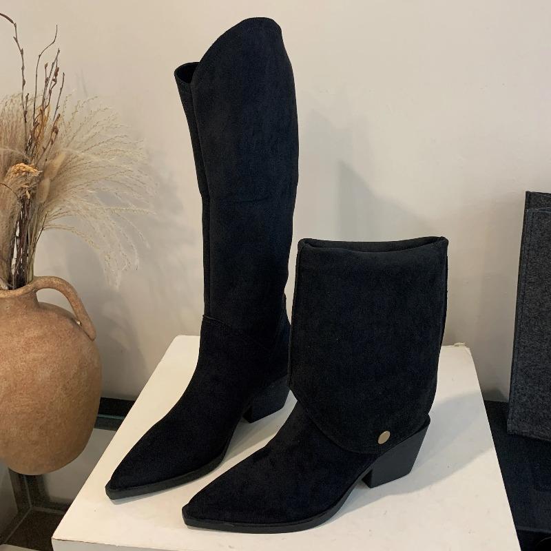 Fashion Retro Style Fold Button Women Knee-High Boots Fashion Pointed Toe Square Heels Casual Ladies Shoes Zapatos De Mujer