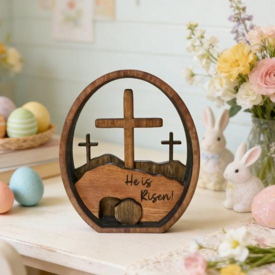 He Is Risen Easter Decoration Farmhouse Rustic Wooden Resurrected Tomb Table Sign Home Office Easter Party Desktop Ornament