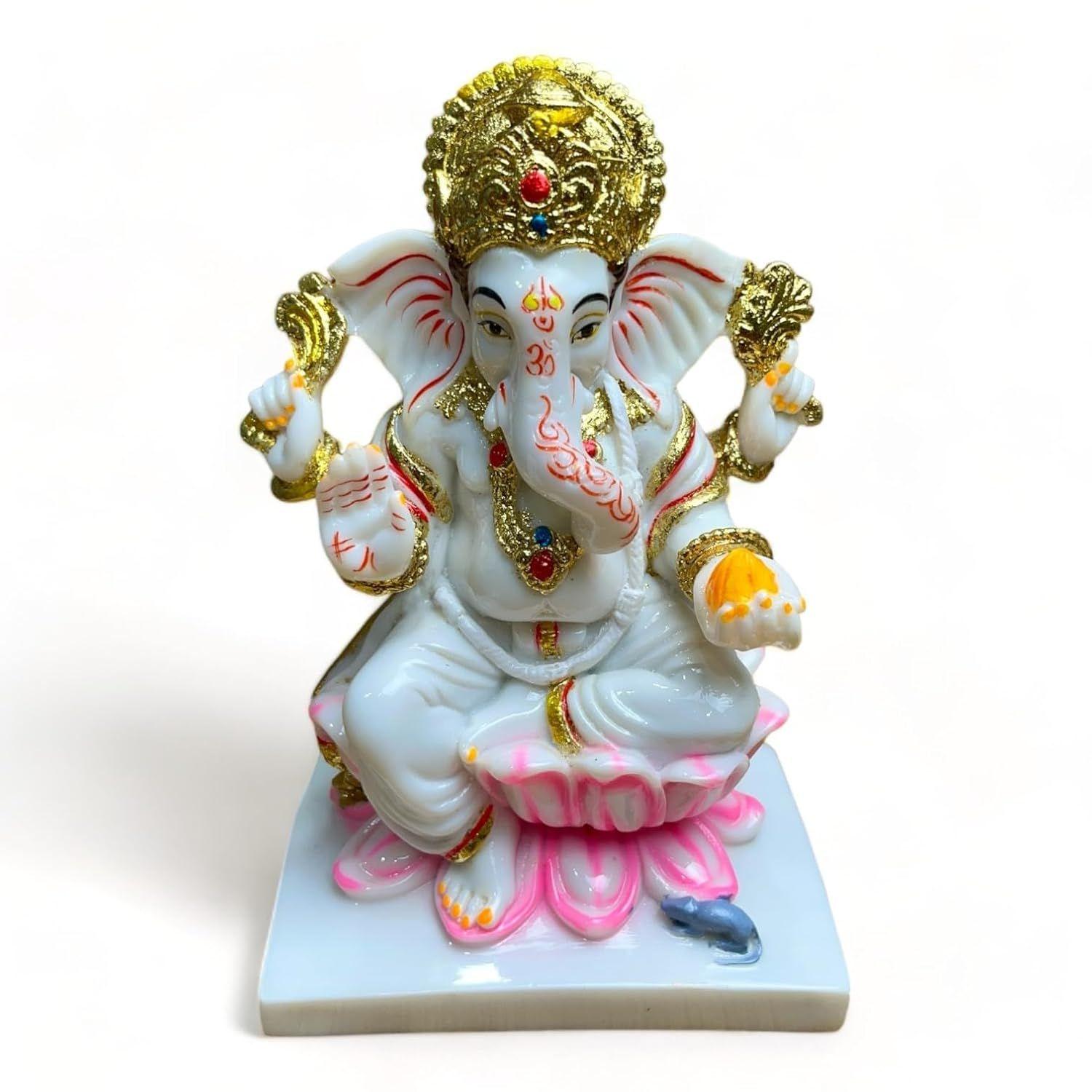 

Handmade Marble Dust Lord Ganesha on Lotus 7 Inch for Diwali Flower God Idol Art Figurine for Home Car Dashboard Ganpati Murti Temple Pooja Decorative