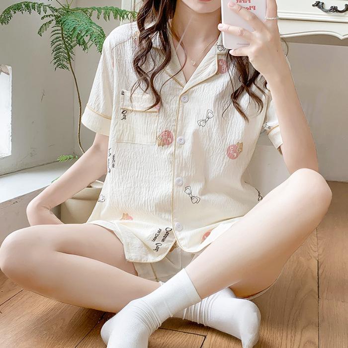 Pijamale de vară pentru damă, cu mânecă scurtă, din bumbac Tencel, cu desene animate drăguțe, pentru fete, studenți, secțiune subțire, costum de casă