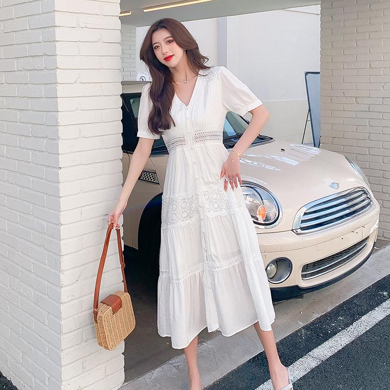 Summer New White Long Dress V-neck French Fairy Skirt Waist Lace Small White Dress Desert Vacation