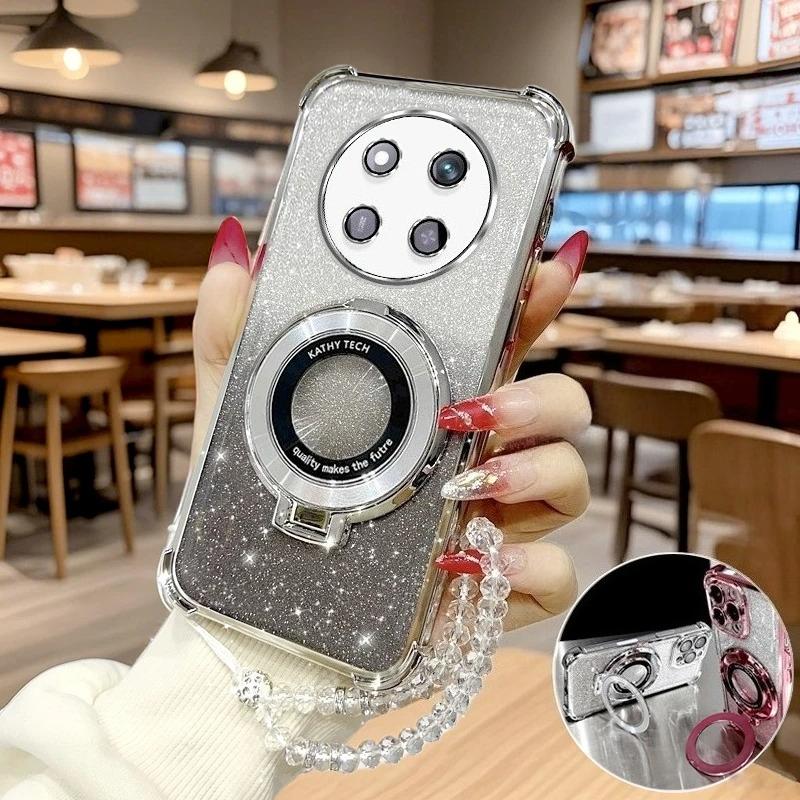 Magic7lite Clear Chain Luxury Ring Holder Plating Silicone Case on For Huawei Honor Magic 7 6 5 Magic7 Lite X9c Shockproof Cover