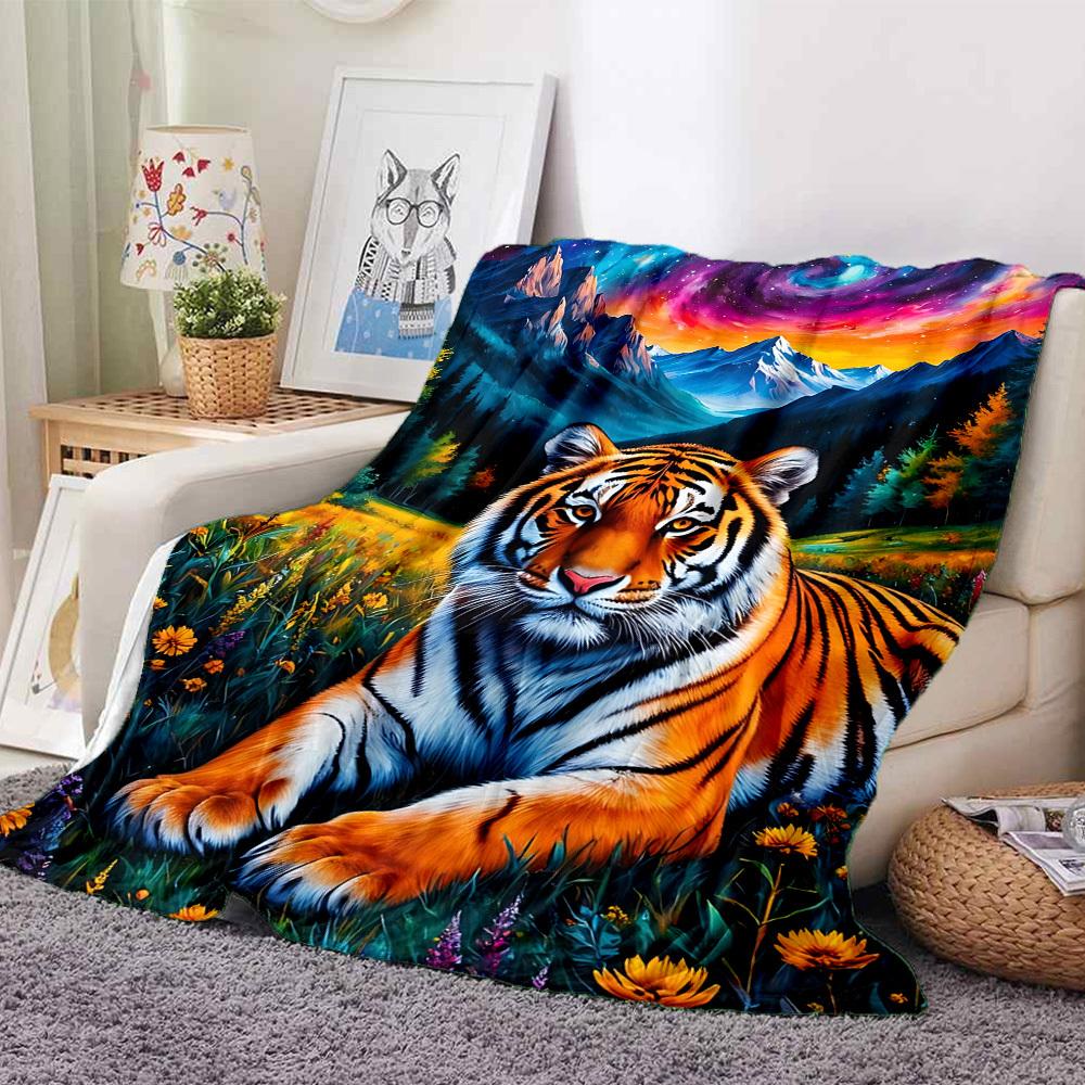 1pc Tiger Fantasy Landscape Blanket Lightweight Flannel Blanket Throw Blanket For Sofa, Bed, Travel, Camping, Livingroom, Office, Couch, Chair, And Be
