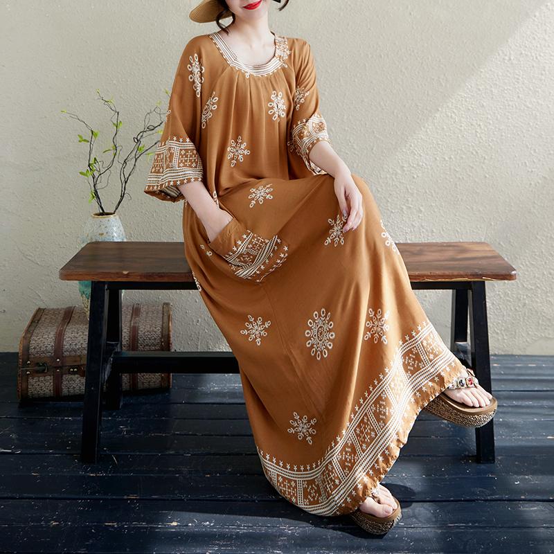 

DIMANAF 2025 Spring Summer Plus Size Dress Women Casual Vintage Long Dress Loose Basic Cotton Dress One Size бежевый