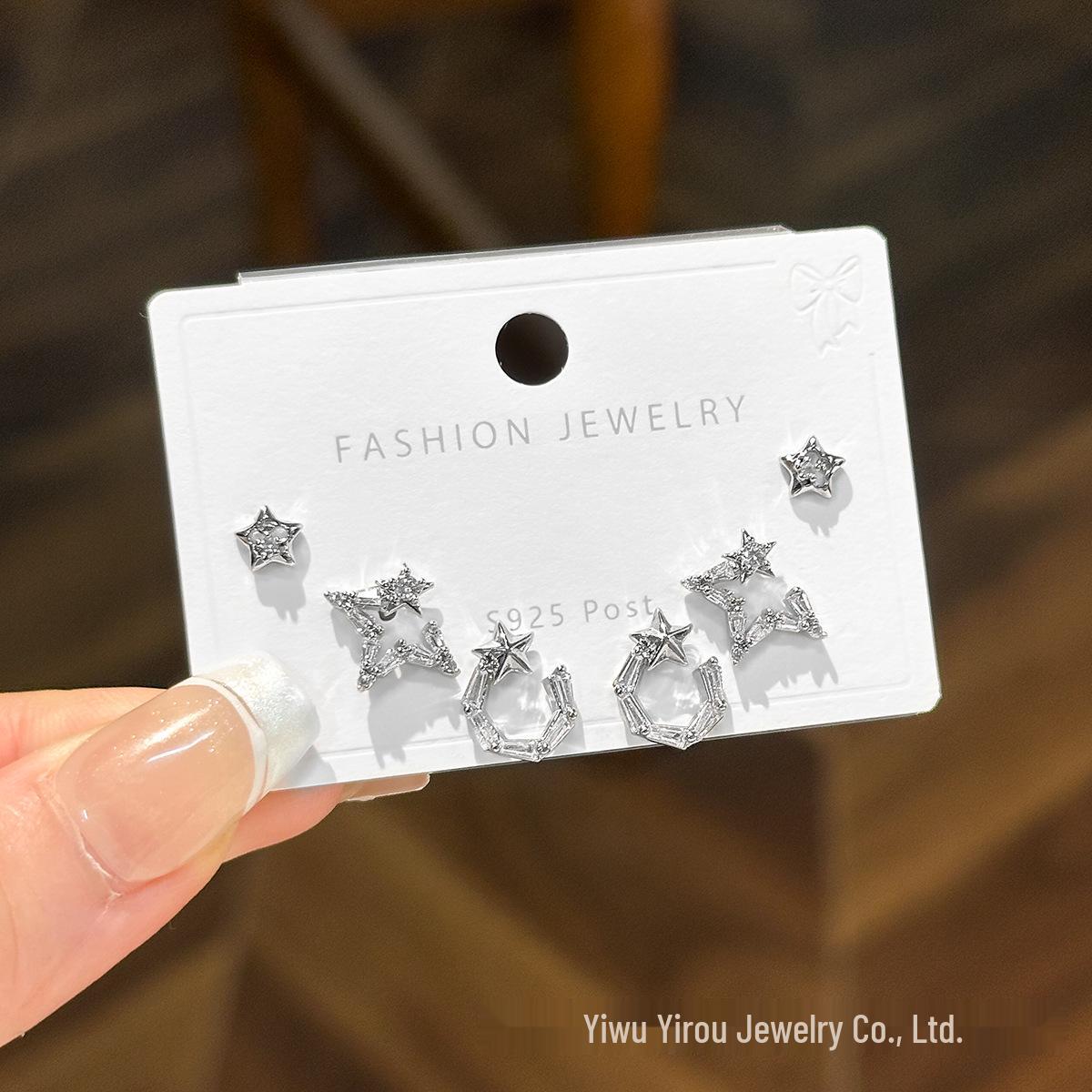 Niche Star Zircon Stud Earrings Set - S925 Silver Needle, 3-Piece Small Exquisite Earrings