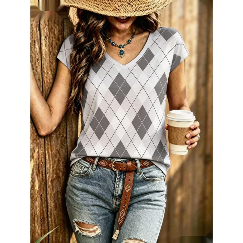 Womens V-Neck Short Sleeve Loose T-Shirt With Colorful Polka Dot Print Casual Oversized Top Daily Wear