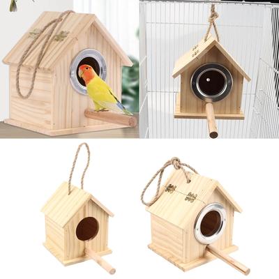 Holz-Vogelhaus mit Wellensittich-Sitzstangen Haustiere Papageien Nistkasten für Käfig Außen Innen Hängendes Nest 2 Größen