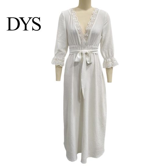 Solid Color Lace Dress Women V-Neck for Fall, 3/4 Sleeves Maxi with V Neck Belt, Loose Casual Long Vacation Daily Wear Belt