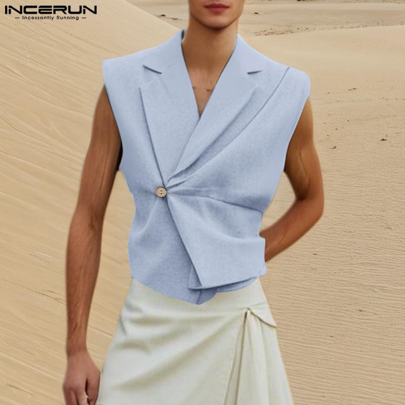 

INCERUN Vintage Men Lapel V Neck Front Cross One Button Cotton Linen Casual Tank Tops Vests 5XL синій