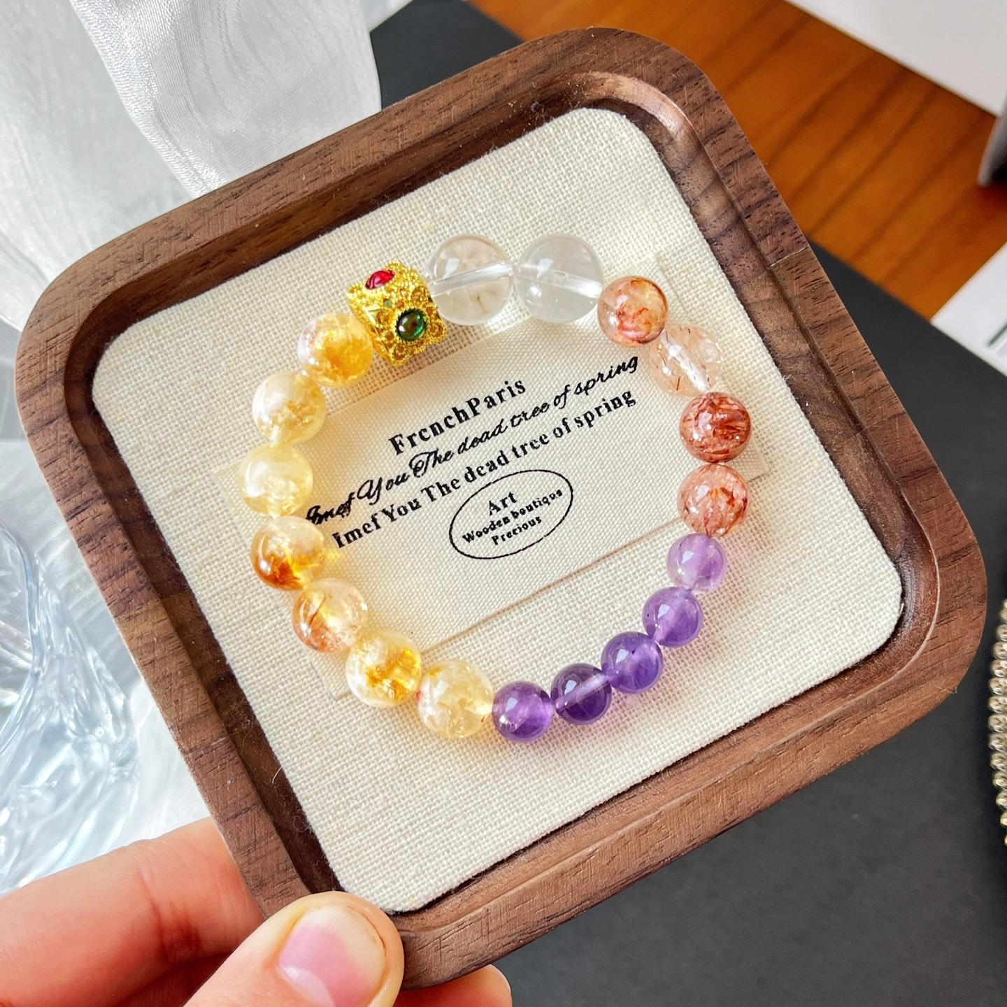 Natural Black Gold Super Seven Amethyst White Crystal Citrine Design Bracelet