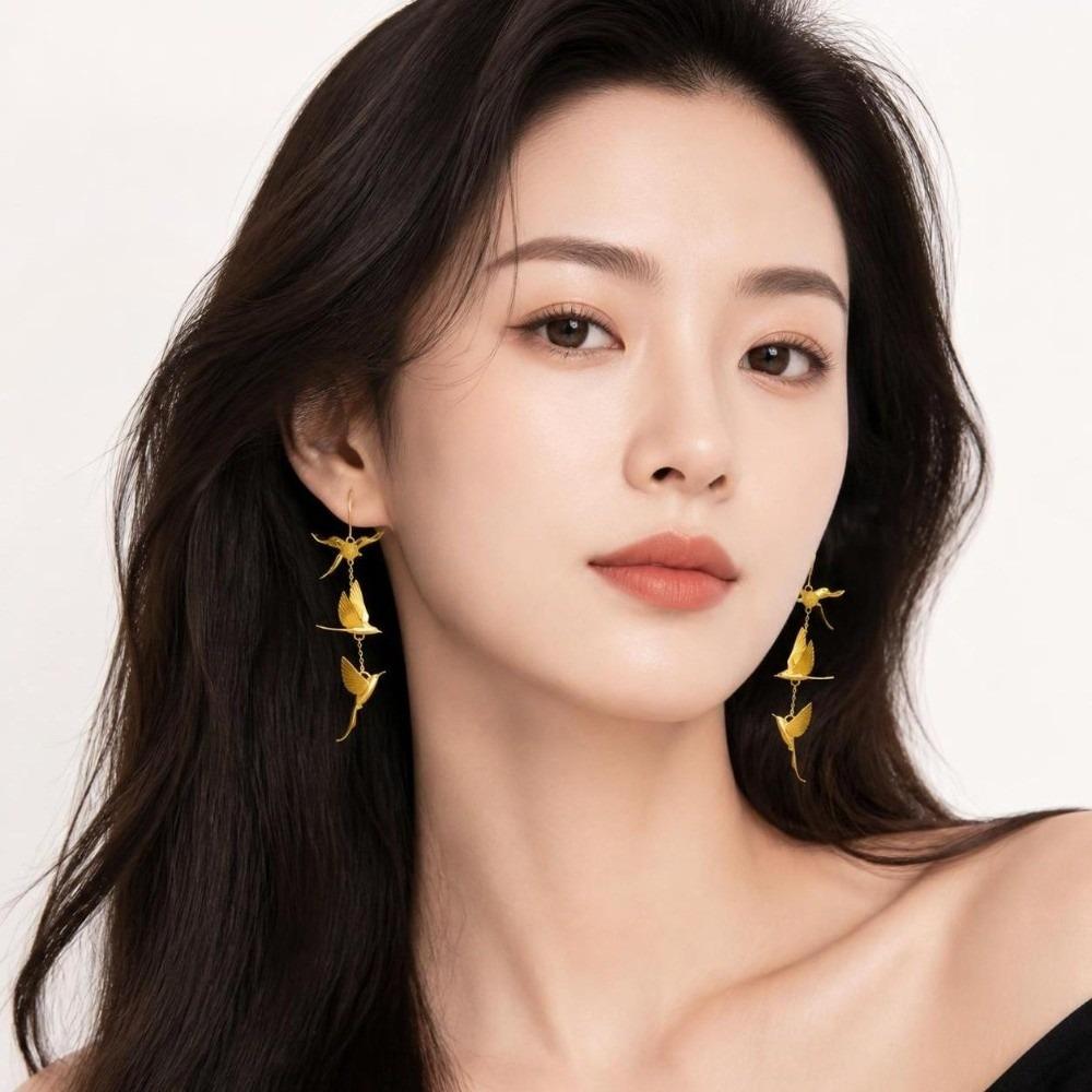 Alloy Six-Feathered Lark Earrings Chinese Style Gold Bird Earrrings Party Jewelry Accessory Gift