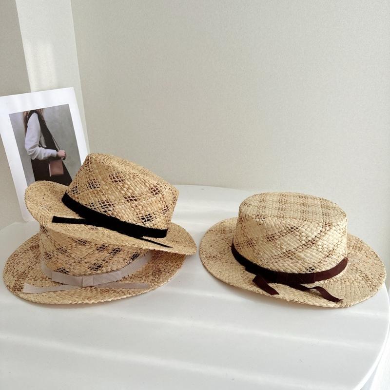Bohemian Braided Satin Ribbon Flat Top Hat Summer Sun Protection Straw Hat French Country Shade Beach Hat Trendy