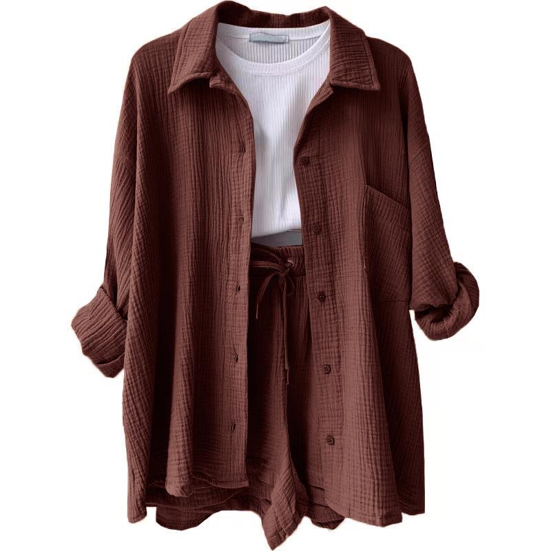European and American Women's Crinkle Lapel Shirt & High Waist Shorts Two-Piece Set