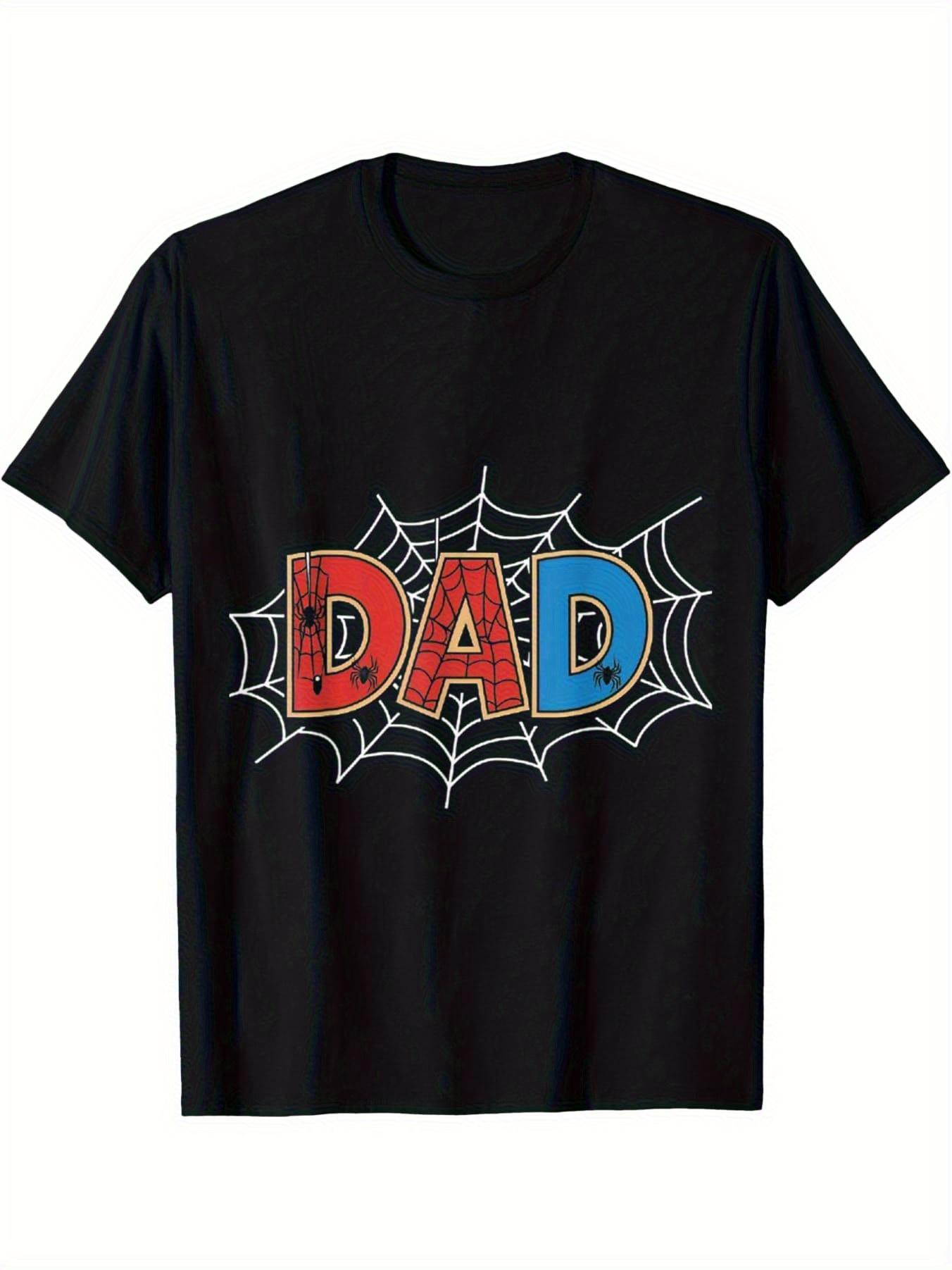 Spider Dad Graphic T-shirt - Comic Book Style Superhero Dad Shirt with Bold Red & Blue DAD Letters S