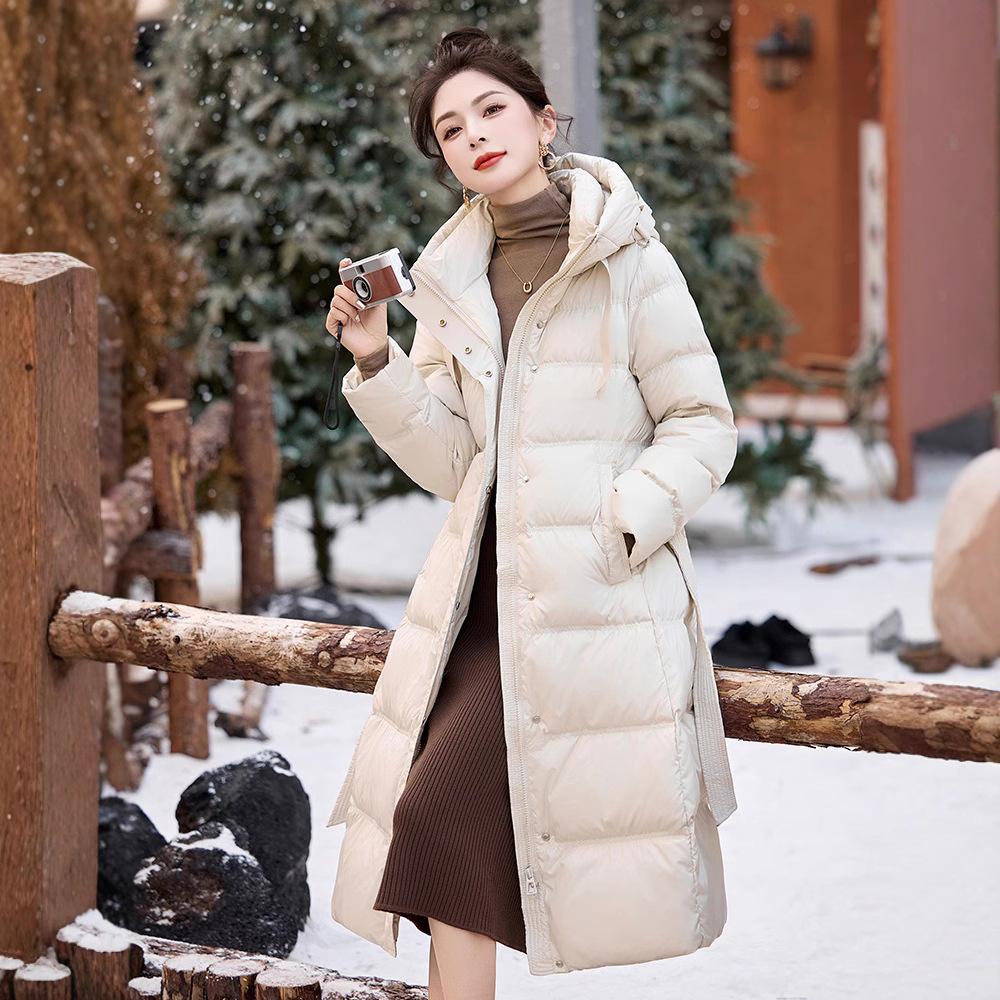 Daunenjacke Damen mittel und lang über dem Knie Winter neu Taille Temperament verdickt warm weiße Entendaunenjacke
