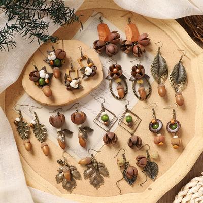 Accessori per le orecchie con piante naturali in stile foresta vintage, fatti a mano, creativi, piccoli e unici orecchini con frutti di quercia, orecchini con nappe lunghe