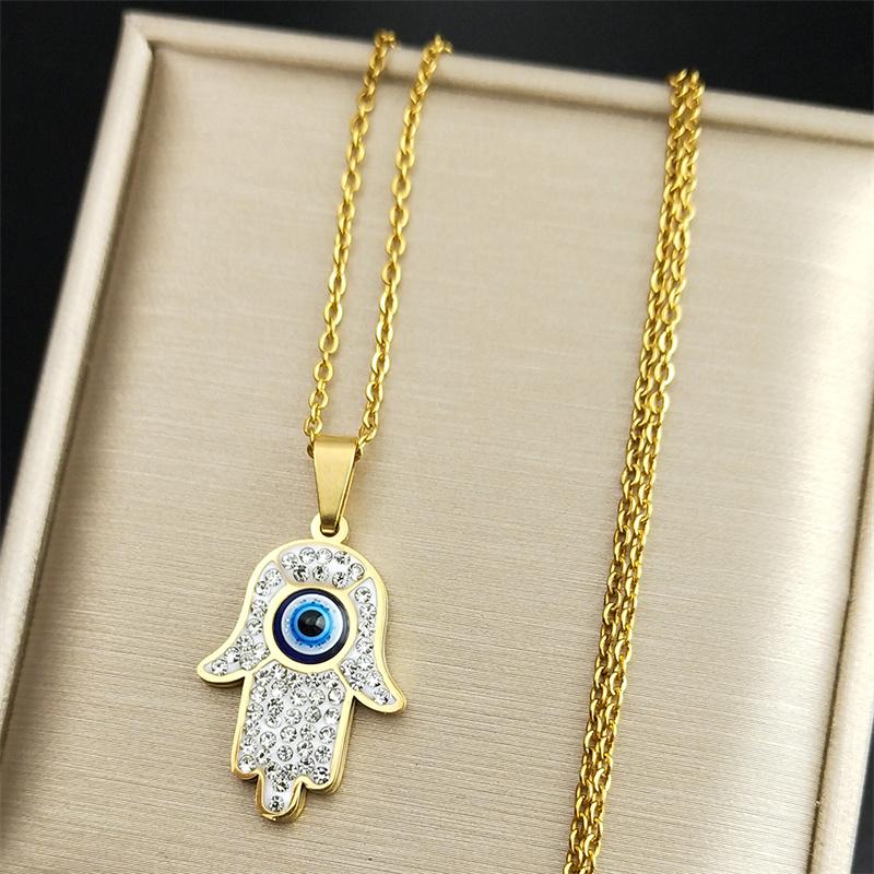 Collier Oeil Grec Main de Fatima pour Femmes Hommes Acier Inoxydable Chaîne de Protection Oeil Bleu Maléfique Turc Bijoux Islamiques N8041S01