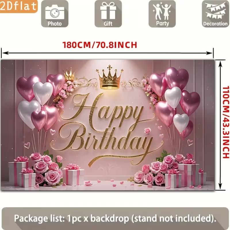 2D Elegant Pink Heart Balloon Happy Birthday Photography Background Banner