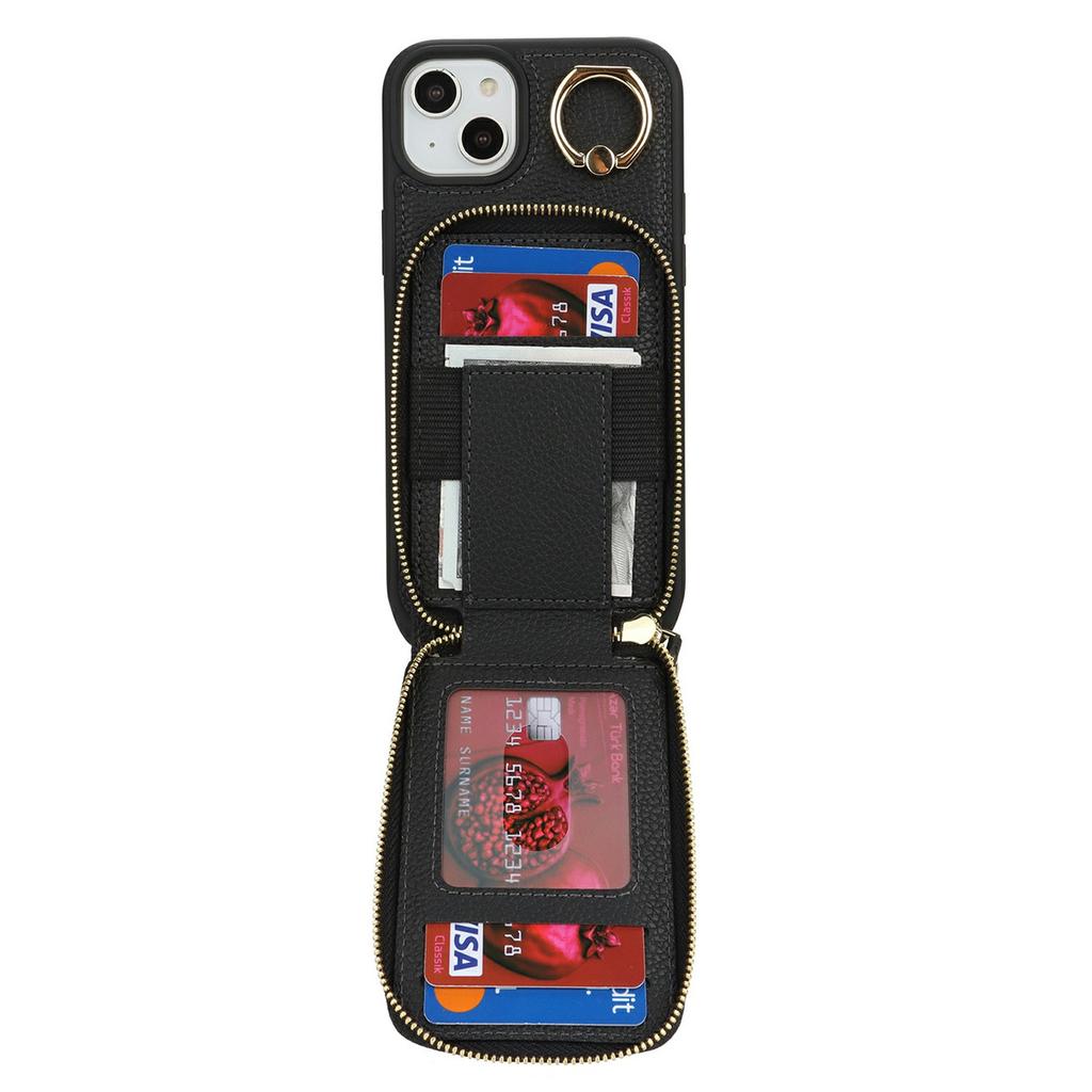 For iPhone 15 Plus/14 Plus Case with Zipper Pouch/Ring Kickstand/Strap Litchi Texture PU+TPU Phone Cover