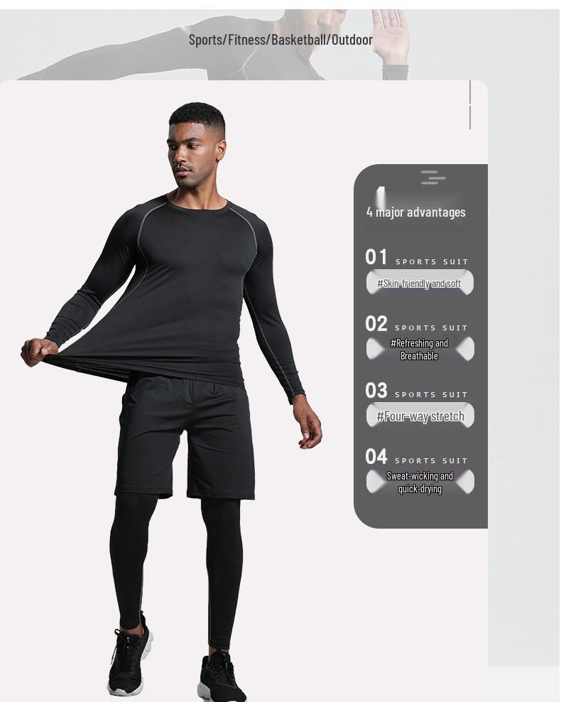 Men's Quick-Dry Sports Suit: Tight-Fitting Running & Basketball Three-Piece Set (Breathable Long Sleeve Top & Pants)