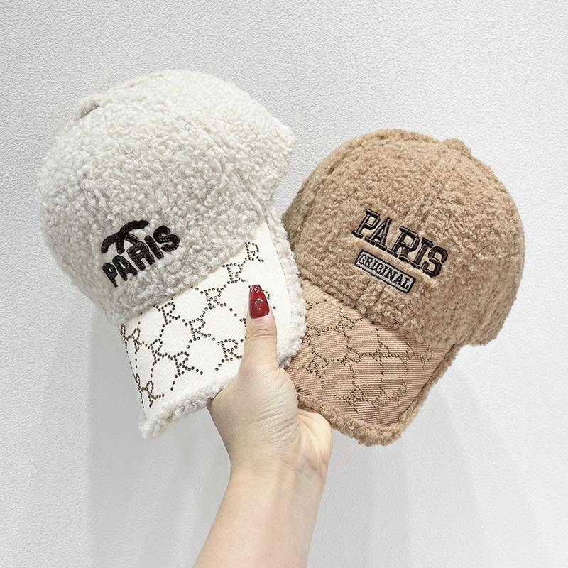 Fashion Embroidery Letter Baseball Cap Women's Winter Warm Rhinestone Lamb Feather Cap