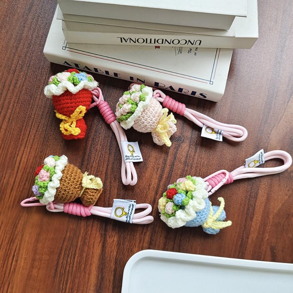 Valentine'S Day Keychain Elegant Hand-Knitted Flower Keychain Rose Bouquet Pendant Charming Mini Flower Ornament For Bag Hanging