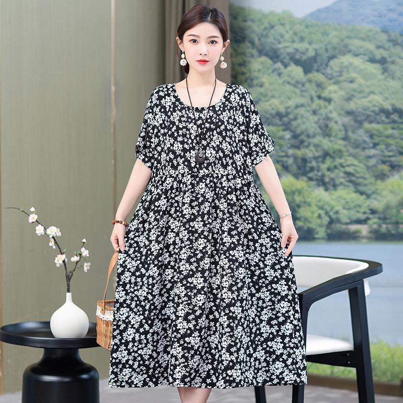 Summer mother cotton and silk over the knee skirt loose large size fat man dress thin middle-aged man wearing long dress