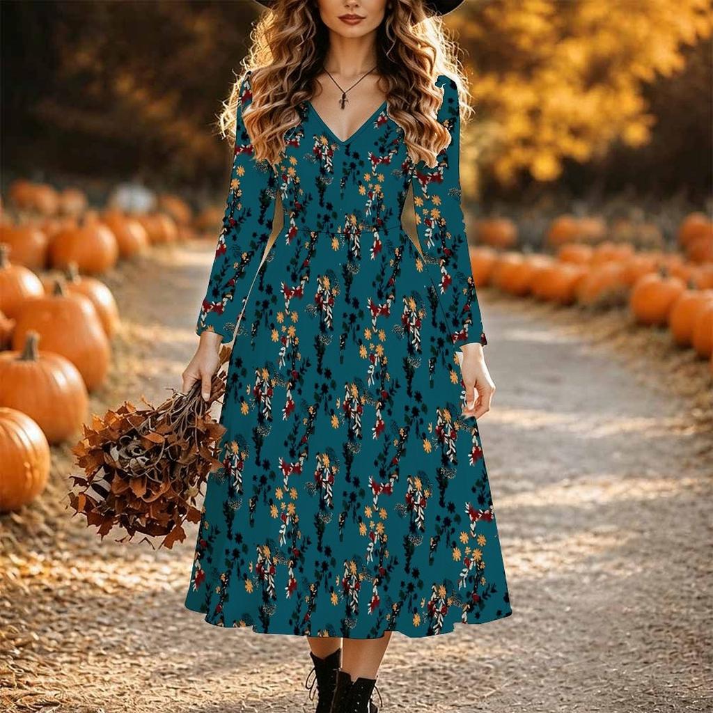 Halloween Women's Floral Pattern Print Midi Dress A Line Dress Vacation Casual Daily Regular Fit Long Sleeve V Neck Black Spring Fall