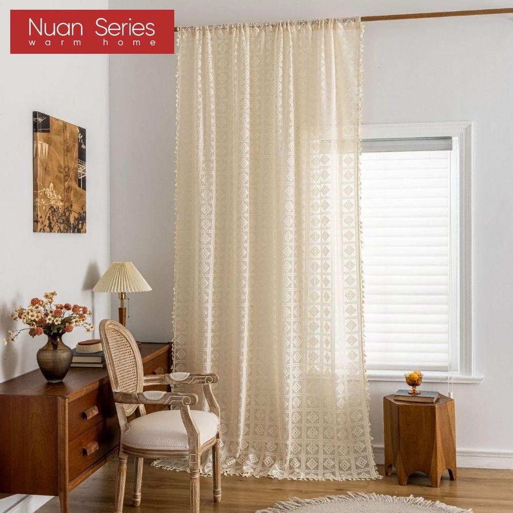 1PC Nuan Series Bohemian Tassel Hollow Sheer Curtain French Retro Translucent Gauze Curtain for Living Room Bedroom Balcony Window Home Decor