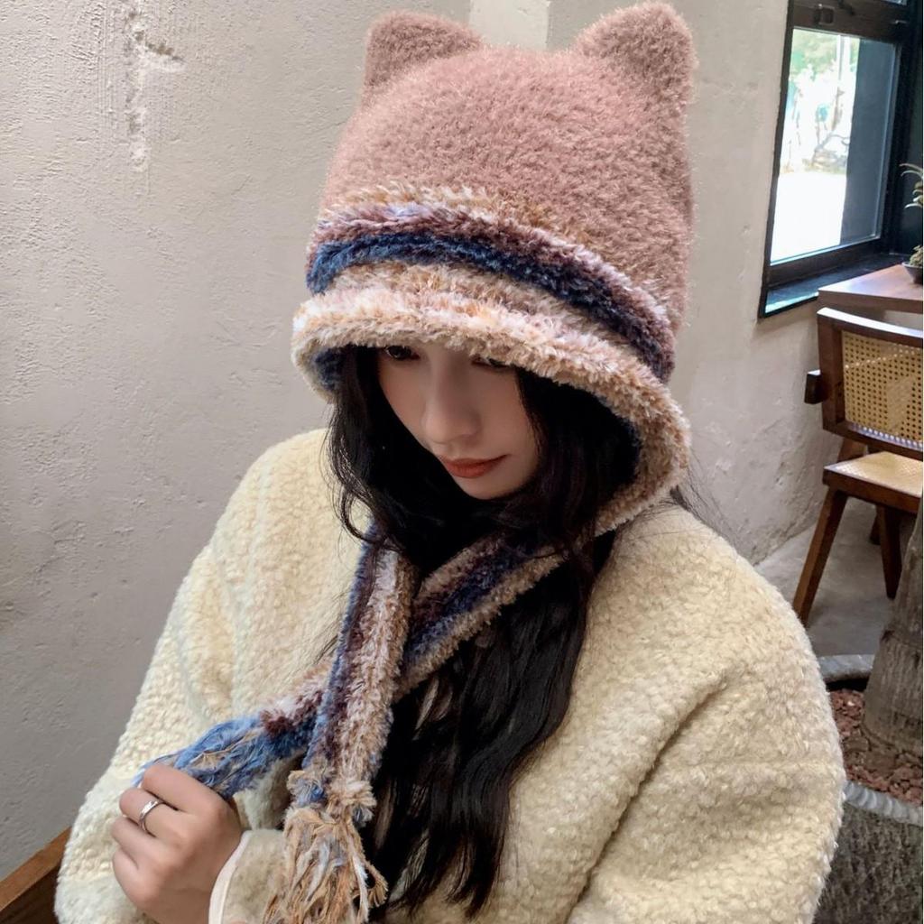 Hochwertige warme Strickmütze aus Wolle mit niedlichen Ohren & großer Krempe für Herbst/Winter