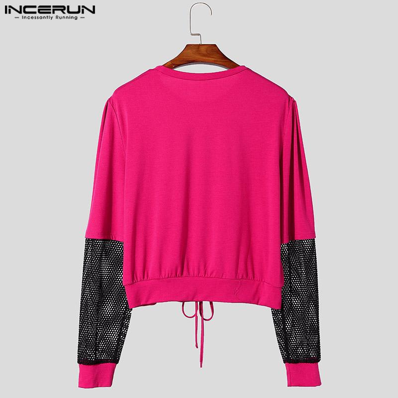 INCERUN Sexy Men Mesh Patchwork Long Sleeved Hollow Out Short T-shirts Tops