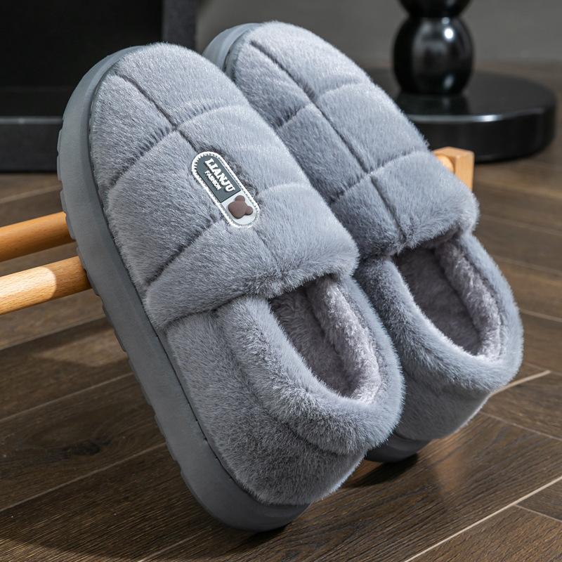 Men's Slippers Winter Solid Color Wrap Heels Plush Slippers Non-slip Warm Women Men Home Casual Cotton Shoes Big Size 50 51