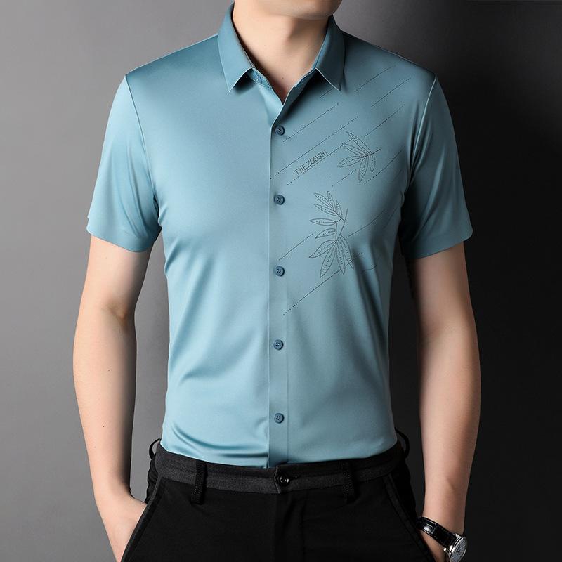 Kurzarmhemd für Herren Sommer Neuer Stil Nahtlos Bügelfrei Revers Business Casual Dünnes Eisseiden-Halbarmhemd für Herren