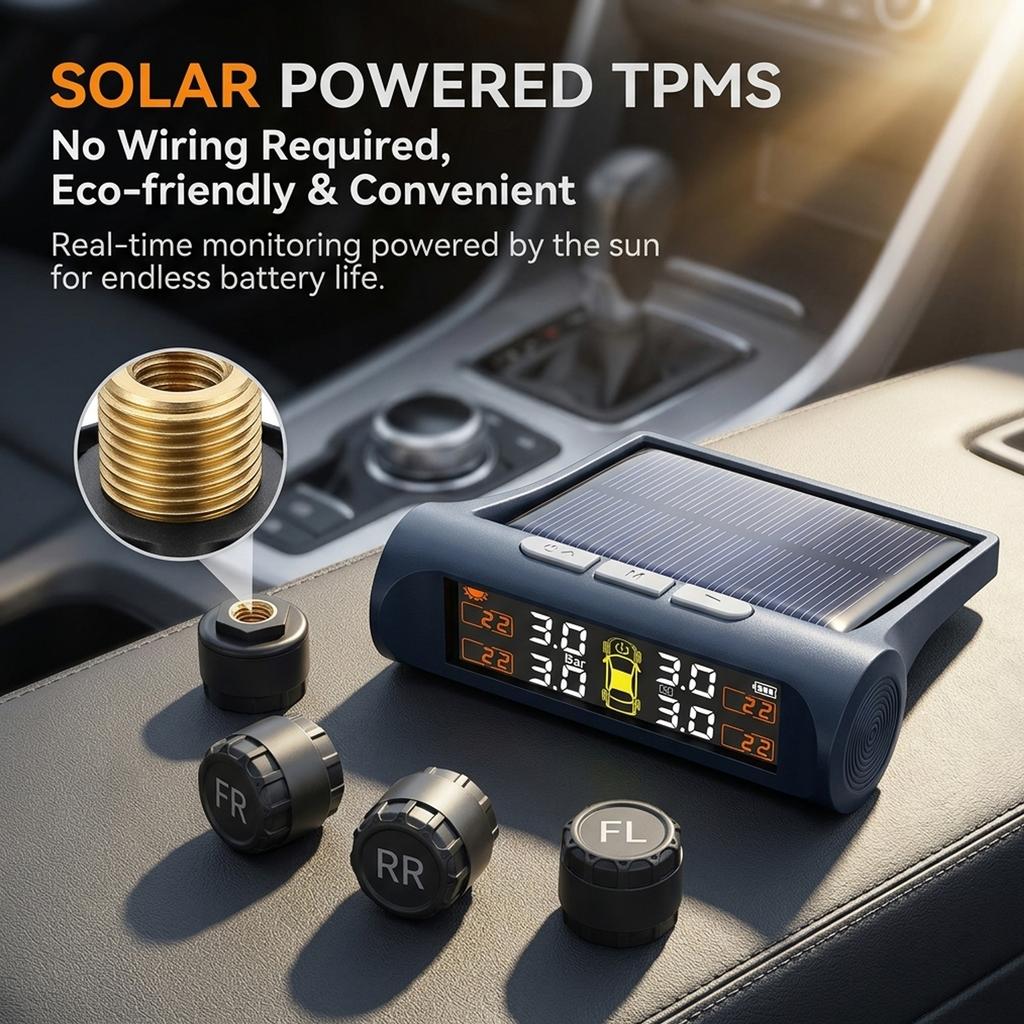 Tire Pressure Monitoring System Wireless Solar Powered with 4 External Sensors, Real-Time LCD Display, 6 Alarm Modes for RV Trailer Truck SUV