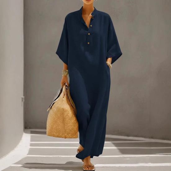 Summer Stand Collar Maxi Dress for Women Half Sleeve Button Up V Neck Long Dress Loose Flowy Beach Sundress with Pockets